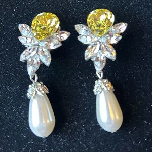 Todd Anthony clip on yellow and white crystal & faux pearl drop earrings.